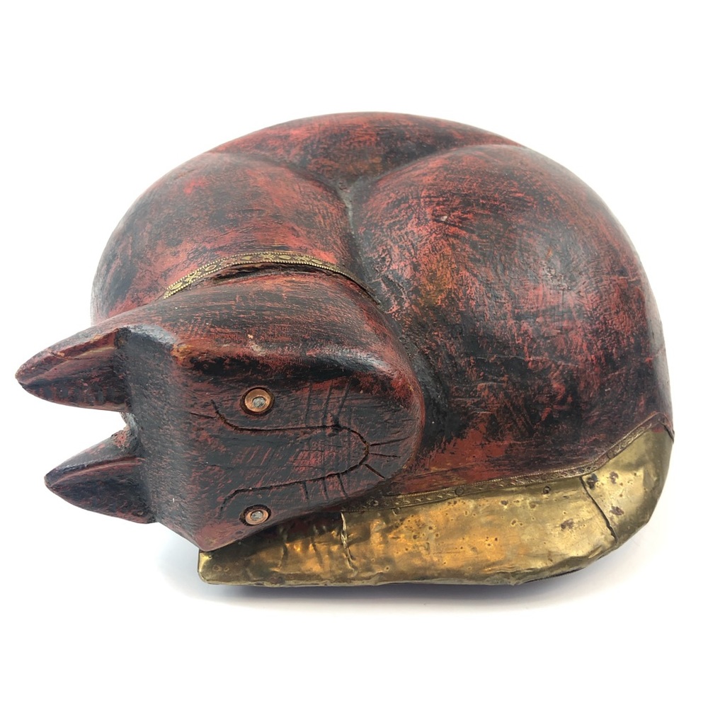MCM Wooden and Brass Hand Carved Massive Curled Up Cat